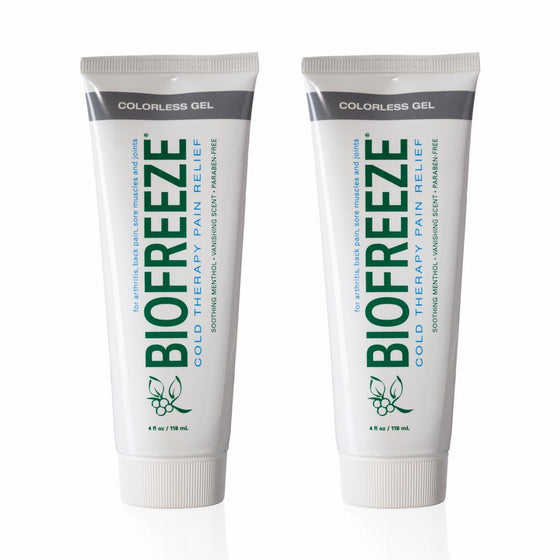 Biofreeze Pain Relief Gel for Arthritis, 4 oz. Cold Topical Analgesic, Fast Acting Cooling Pain Reliever for Muscle, Joint, & Back Pain, Works Like Ice Pack, Colorless Formula, Pack of 2, 4% Menthol