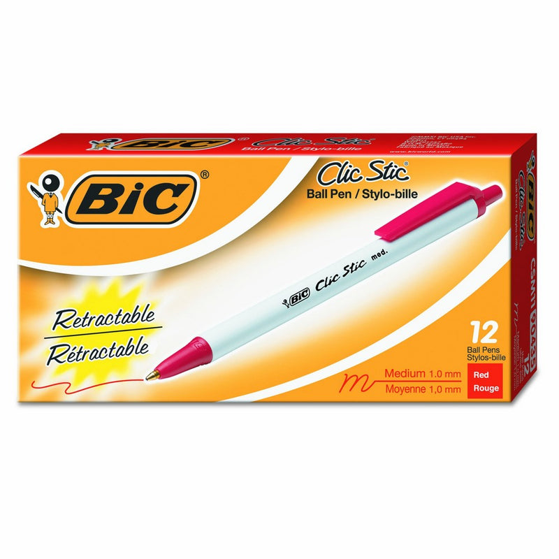 BIC Clic Stic Retractable Ball Pen, Medium Point (1.0 mm), Red Ink, 12-Count