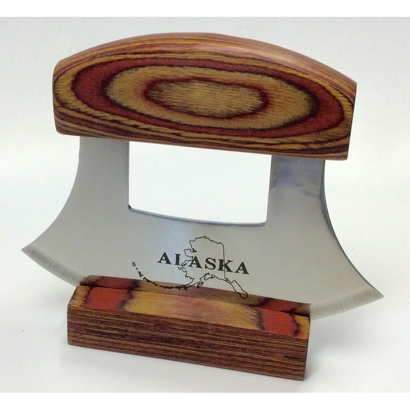 Alaska Ulu Knife Natural Exotic Wood Stand Etched Blade