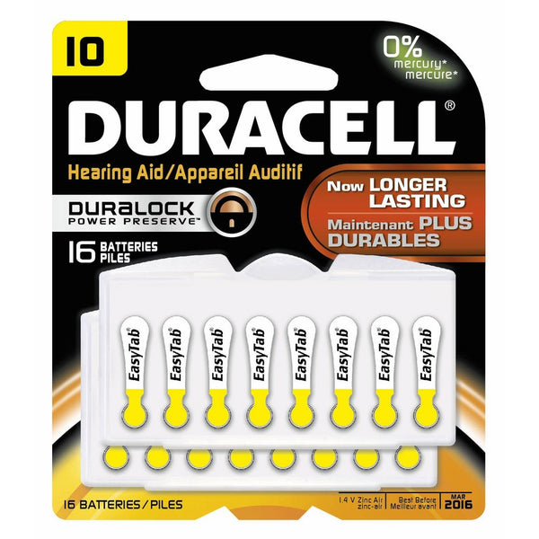 Duracell DA10B16ZM10 Easy Tab Hearing Aid Zinc Air Battery, 10 Size, 1.4V, 95 mAh Capacity (Pack of 16)