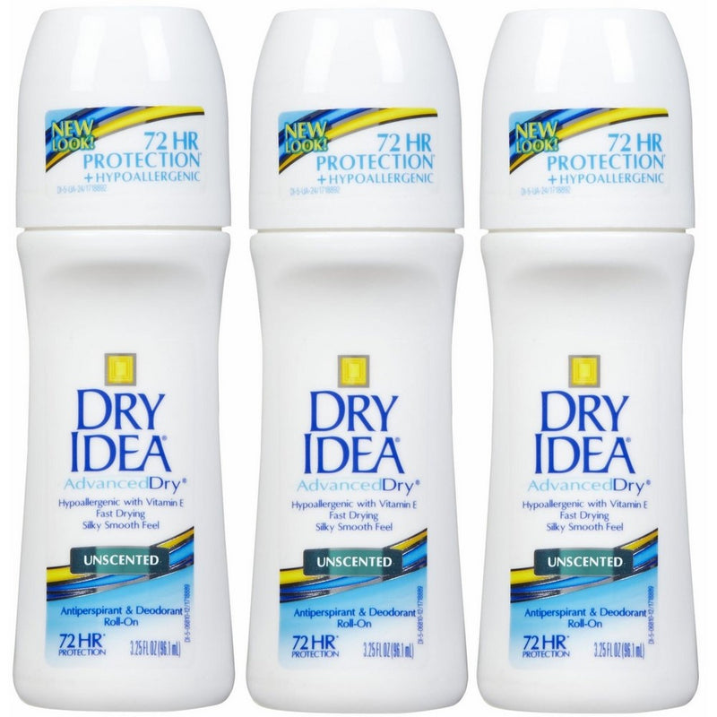 Dry Idea Roll-On Advanced Dry Antiperspirant & Deodorant, 72 Hour, Unscented 3.25 (Pack of 3)