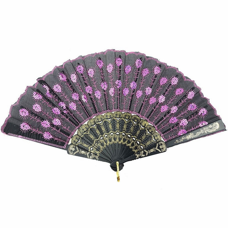 InnoLife Elegant Colorful Embroidered Flower Peacock Pattern Sequin Fabric Folding Handheld Hand Fan Hand-crafted (Pink)