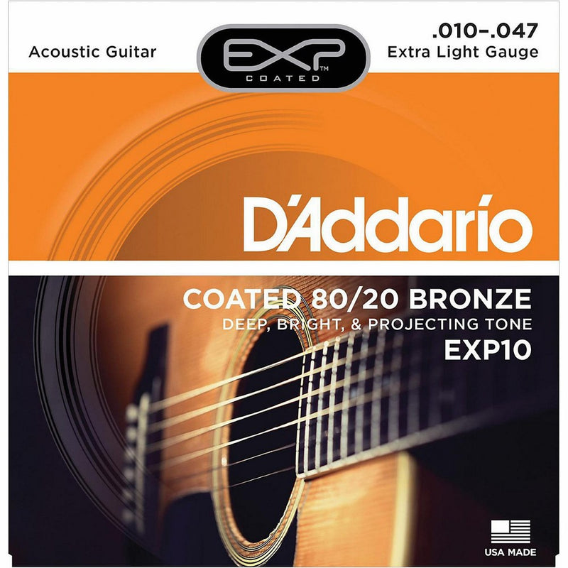 D'Addario EXP10 with NY Steel Acoustic Guitar Strings, 80/20, Coated, Extra Light, 10-47