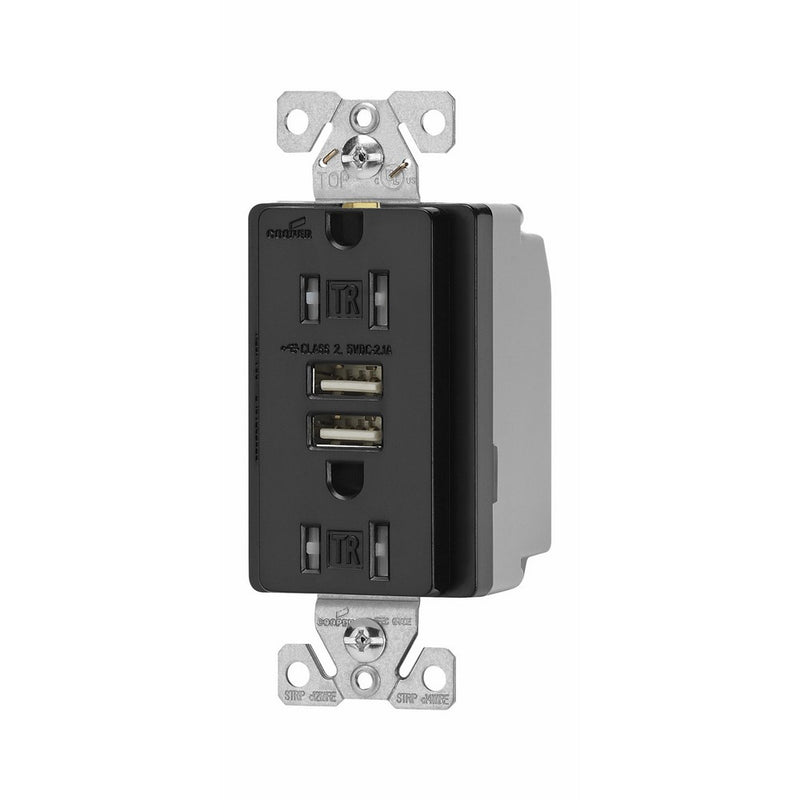 Eaton TR7745BK-BOX Combination USB Charger with Tamper Resistant Receptacle and Box, 15-Amp, Black Finish