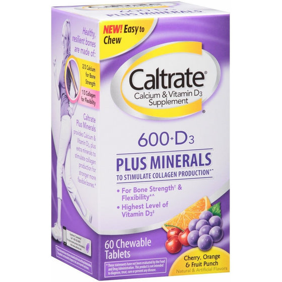 Caltrate Calcium & Vitamin D Plus Minerals, 600D, Chewables, Orange & Fruit Punch, 60 ea (Pack of 3)