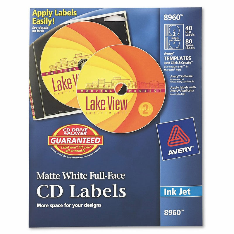 Avery CD Labels, White Matte, 40 CD Labels and 80 Spine Labels (8960)