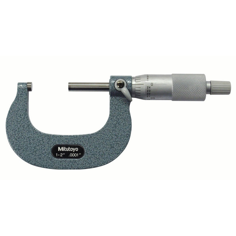 Mitutoyo 103-262 Outside Micrometer, Baked-enamel Finish, Ratchet Stop, 1-2" Range, 0.0001" Graduation, /-0.0001" Accuracy, Angled Frame