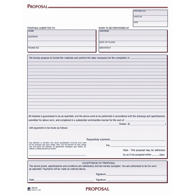 Adams Proposal Book, 2-Part with Carbon, 8.38 x 11.44 Inches, White, 50 Sheets (D8118)