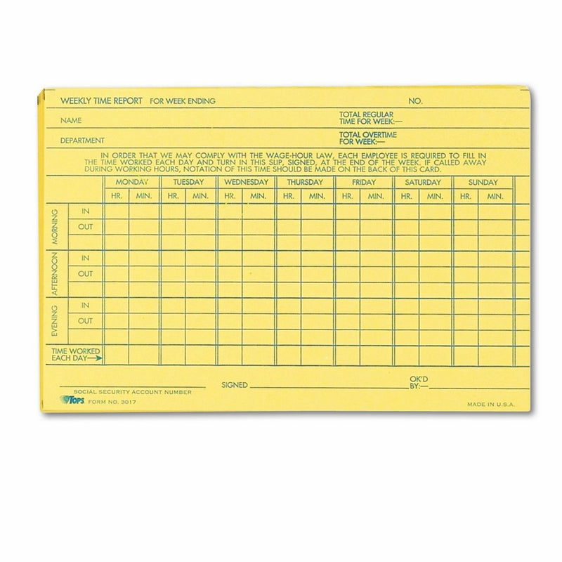 TOPS Weekly Time Report Card, 6 x 4 Inch, Index Bristol Stock, 100-Count, Buff (3017)