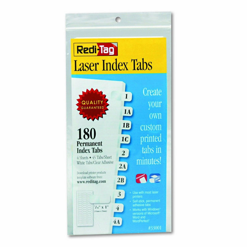 Redi-Tag Laser Printable Index Tabs, Permanent Adhesive, 7/16 x 1 Inches, 180 Tabs per Pack, White (33001)