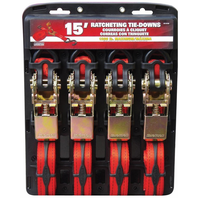 Erickson 31418 Red 1" x 15' Ratcheting Tie-Down Strap, (Pack of 4)