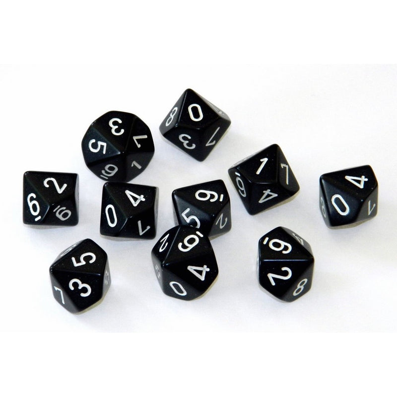 Chessex Dice Sets: Opaque Black with White - Ten Sided Die d10 Set (10)