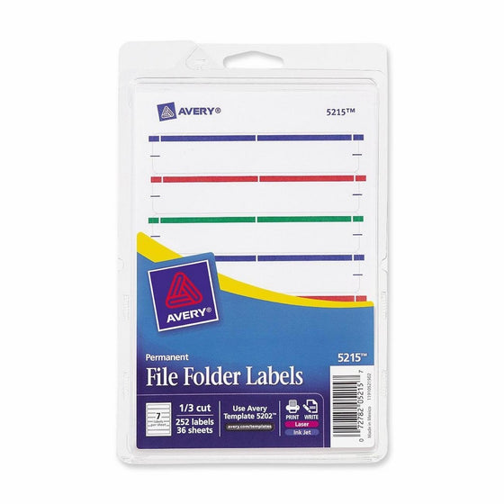 Avery Print or Write File Folder Labels for Laser and Inkjet Printers, 1/3 Cut, Assorted Colors, Pack of 252 (5215)