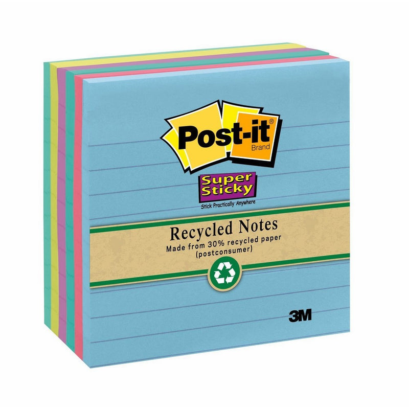 Post-it Recycled Super Sticky Notes, 4 in x 4 in, Bora Bora Collection, Lined, 6 Pads/Pack, 90 Sheets/Pad (675-6SST)