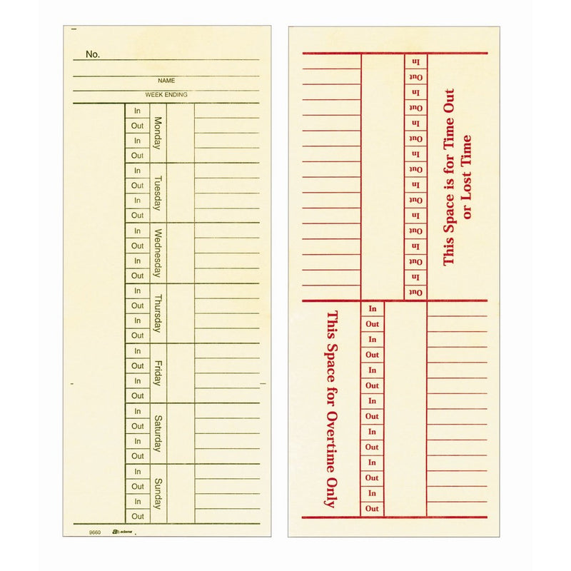 Adams Time Cards, Weekly, 2-Sided, Overtime Format, 3-3/8" x 8-1/4", Manila, Green/Red Print, 200-Count (9660-200)