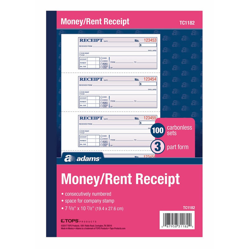 Adams Money and Rent Receipt Book, 3-Part, Carbonless, White/Canary/Pink,7 5/8" x 10 7/8", 100 Sets per Book (TC1182)