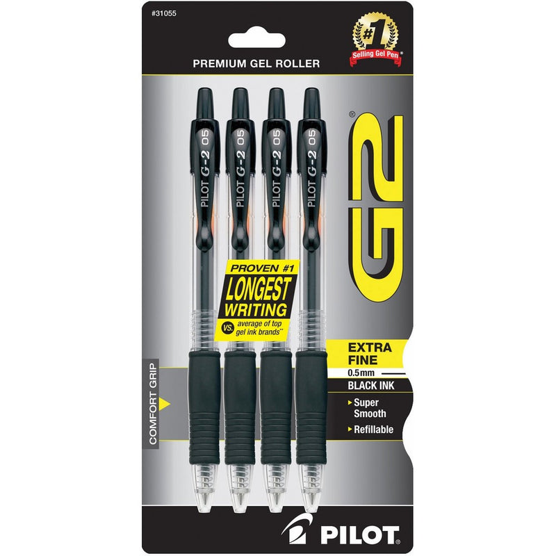 Pilot G2 Retractable Premium Gel Ink Roller Ball Pens, Extra Fine Point, 4-Pack, Black Ink (31055)