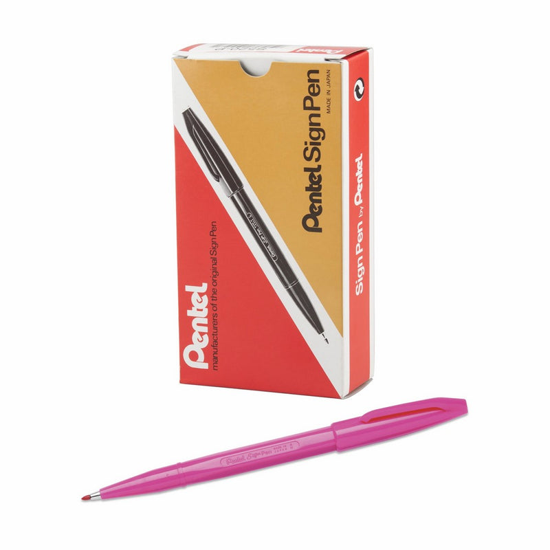 Pentel Sign Pen Fiber-Tipped Pen, Pink Ink, Box of 12 (S520-P)