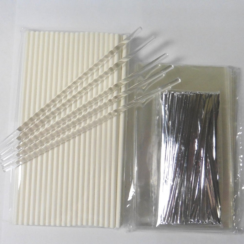 100pcs x (6" Lollipop Sticks  3"x5" Bags  Silver Twist Ties  5 free Clear sticks) for Cake Pops Lollipop Candy (Silver Ties)