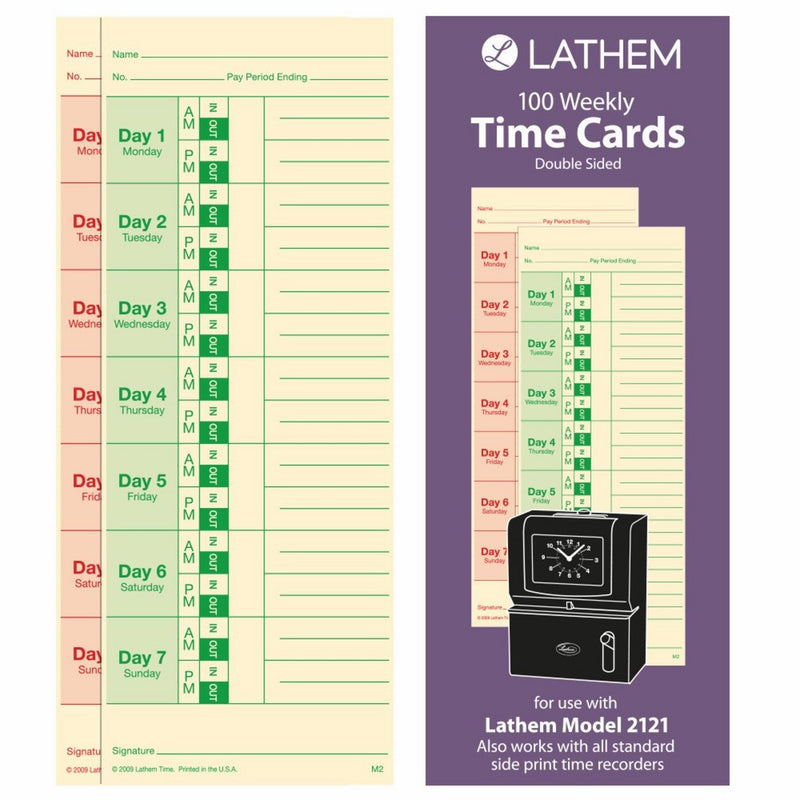 Lathem Weekly Time Cards, Double-Sided, for Lathem Model 2121/Side-Print Time Clocks, 100 Pack (M2-100)