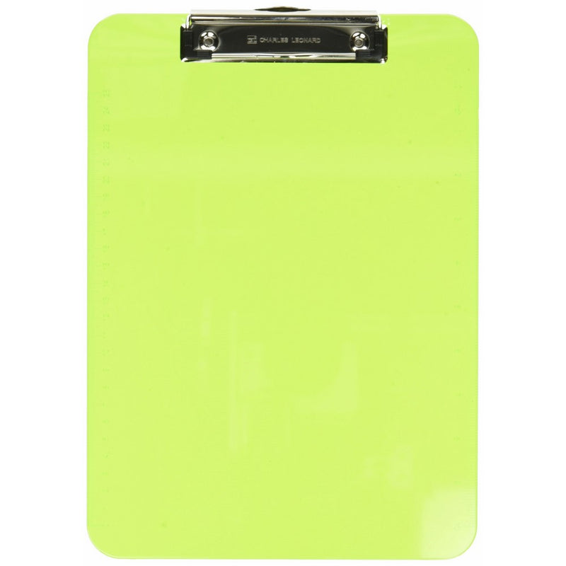 Charles Leonard Transparent Plastic Clipboard with Low Profile Clip and Pull Out Hook, Letter Size, Neon Green, 1 Each (89725)