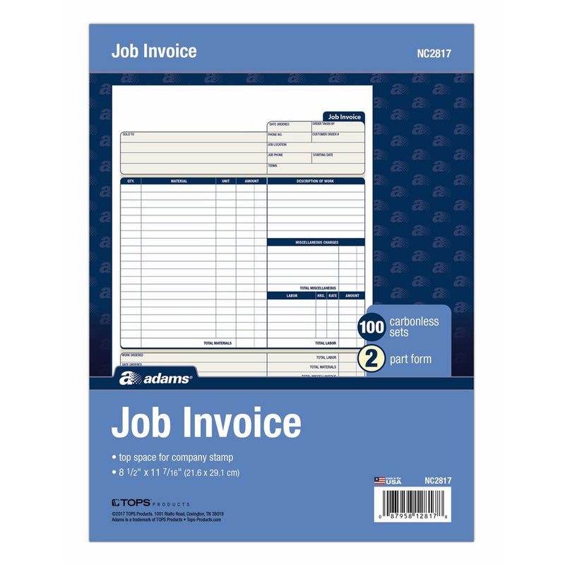 Adams Job Invoice Unit Set, 8.5 x 11.44 Inch, 2-Part, Carbonless, 100-Pack, White (NC2817)