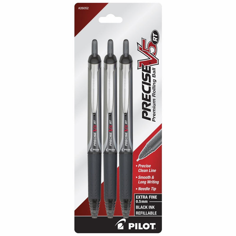 Pilot Precise V5 RT Retractable Rolling Ball Pens, Extra Fine Point, 3-Pack, Black Ink (26052)