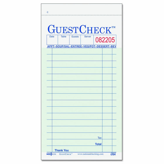 National Checking Company 10450 Guest Check Pad, 3 1/2 x 6 3/4, Two-Part Carbon Copy, 50 Forms