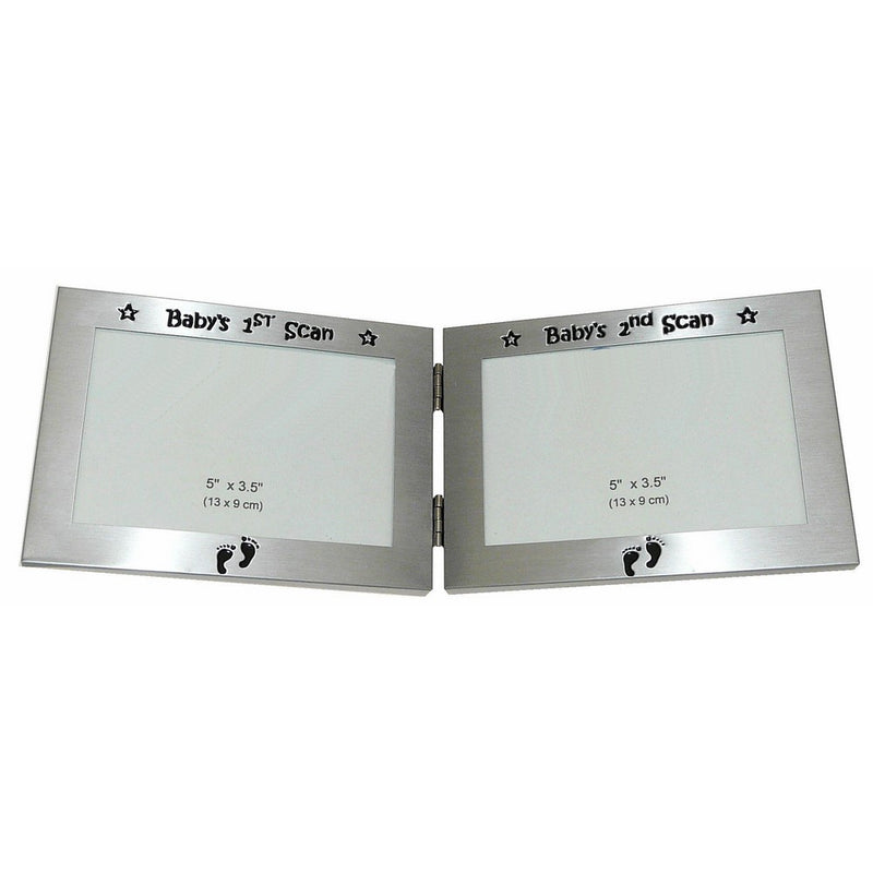 Baby's 1st Scan Picture & Baby's 2nd Scan Picture ' - Twin Folding Expressions Photo Picture Frame Baby Christening Gift - 5 x 3.5" - Brushed Aluminum Satin Silver Color