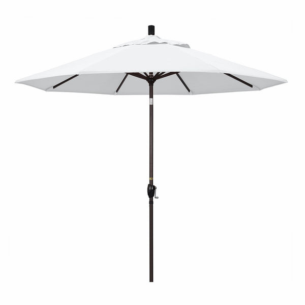 California Umbrella 9' Round Aluminum Market Umbrella, Crank Lift Push Button Tilt, Bronze Pole, White Olefin