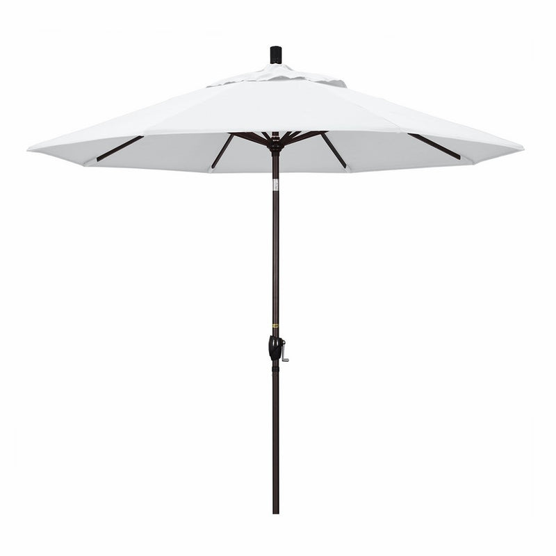 California Umbrella 9' Round Aluminum Market Umbrella, Crank Lift Push Button Tilt, Bronze Pole, White Olefin