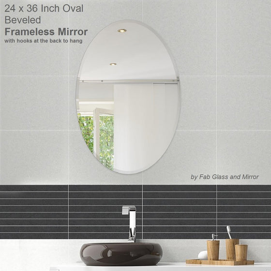 Fab Glass and Mirror Oval Beveled Polish Frameless Wall Mirror with Hooks, 24" L x 36" W