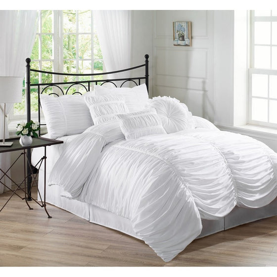 Chezmoi Collection 7-Piece Chic Ruched Comforter Set, Queen, White