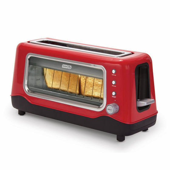 Dash Clear View Toaster: Extra Wide Slot Toaster with Stainless Steel Accents See Through Window - Defrost, Reheat Auto Shut Off Feature for Bagels, Specialty Breads & other Baked Goods - Red