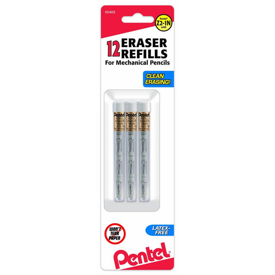 Pentel Refill Eraser for Mechanical Pencils, 3 Tubes per pack, 4 erasers per tube