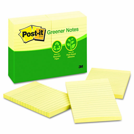 Post-it Greener Notes, 4 in x 6 in, Canary Yellow, Lined, 12 Pads/Pack (660-RP)