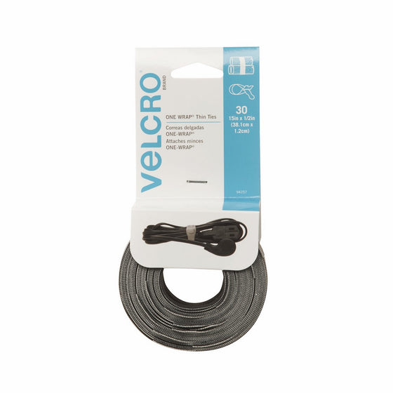 VELCRO Brand One Wrap Thin Ties, Black & Gray, 15 x 1/2-Inch, 30 Count (94257)