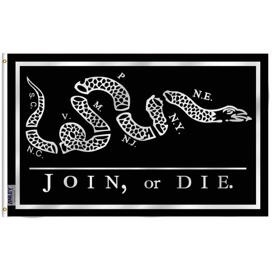 Anley Fly Breeze 3x5 Foot Black Join Or Die Flag - Vivid Color and UV Fade Resistant - Canvas Header and Double Stitched - Rattlesnake Flags Polyester with Brass Grommets 3 X 5 Ft