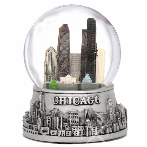 City-Souvenirs 3.5 Inch Chicago Snow Globe, Silver Base and Color Inside Glass Globe, Chicago Snow Globes with Skyline and Landmarks