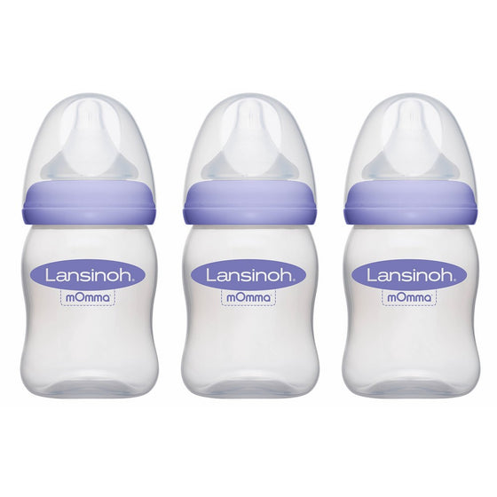 Lansinoh mOmma Breastmilk Feeding Bottle with NaturalWave Nipple, Pack of 3 Bottles, 5 Ounce Each, Slow Flow Nipples, Soft Silicone Nipple, Collapse Resistant, Anti-Colic, BPS and BPA Free