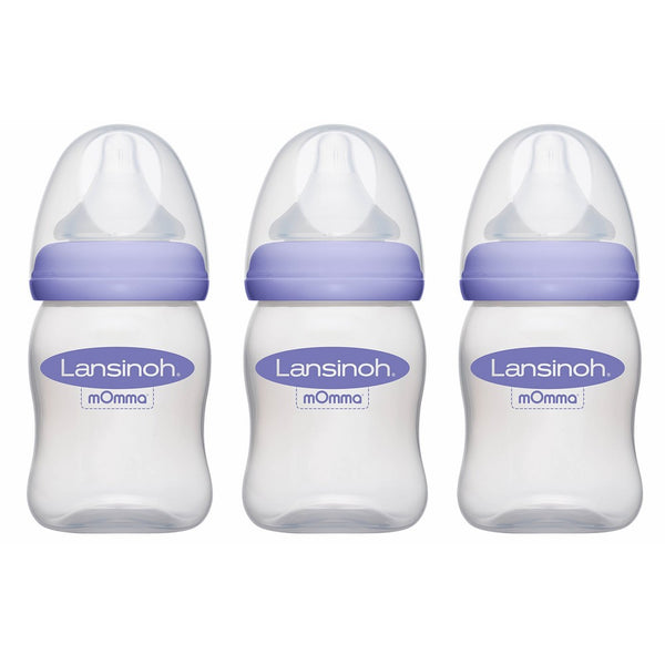 Lansinoh mOmma Breastmilk Feeding Bottle with NaturalWave Nipple, Pack of 3 Bottles, 5 Ounce Each, Slow Flow Nipples, Soft Silicone Nipple, Collapse Resistant, Anti-Colic, BPS and BPA Free