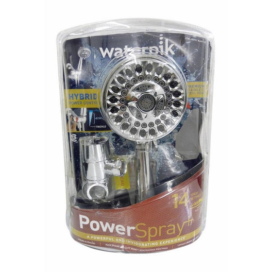 Waterpik Power Spray ShowerHead 14 Mode Spray Settings Hand Held Shower Head with Optiflow PowerSpray Plus with 5' Hose Stainless Steel Hybrid Power Control Chrome-Massage Full Body Spray
