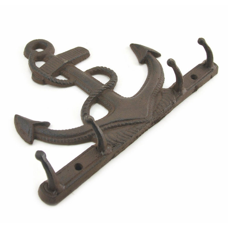 Coat Key Holder 4 Hook Rack, Rustic Cast Iron Anchor, Nautical Wall Decor, 10-inch