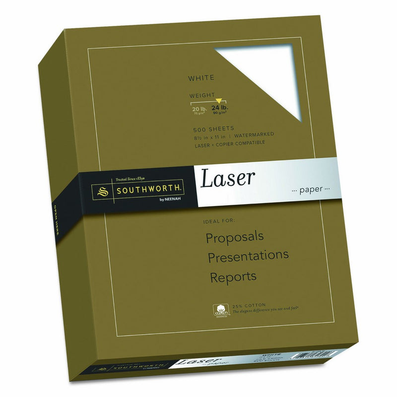 Southworth 25% Cotton Laser Paper, 8.5" x 11", 24 lb, Ultra Smooth Finish, White, 500 Sheets (31-724-10)