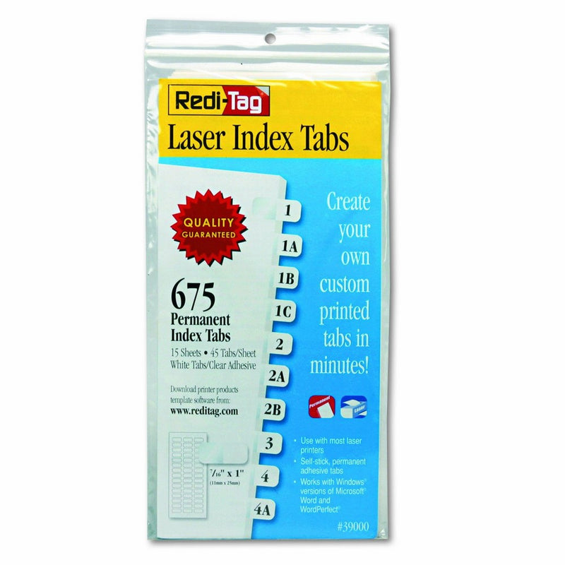 Redi-Tag Laser Printable Index Tabs, Permanent Adhesive, 7/16 x 1 Inches, Bulk Packed, 675 Tabs per Pack, White (39000)