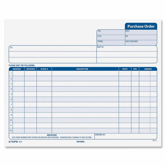 TOPS Purchase Order Forms, 3-Part, Carbonless, Phantom Rule, 8.5 x 7 Inches, 50 Sets per Pack (3821)