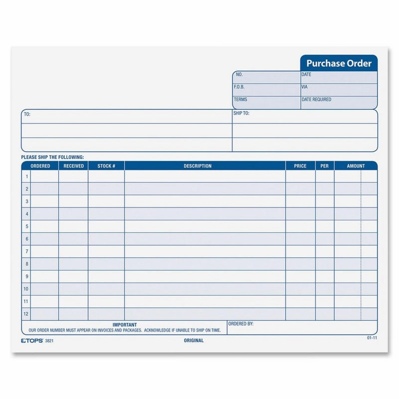 TOPS Purchase Order Forms, 3-Part, Carbonless, Phantom Rule, 8.5 x 7 Inches, 50 Sets per Pack (3821)