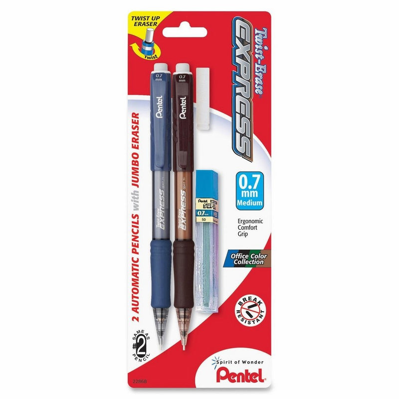 Pentel Twist-Erase EXPRESS Automatic Pencil with Lead and Eraser, 0.7mm, Assorted Barrels, 2 Pack (QE417LEBP2)