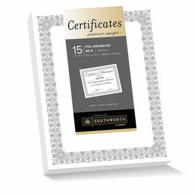 Southworth Foil Enhanced Premium Certificate, 8.5” x 11”, 66 lb, White, Silver Fleur De Lis Design, 15 Sheets (CTP1W)