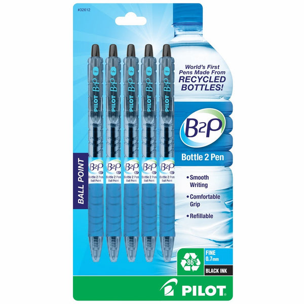 Pilot B2P - Bottle to Pen - Retractable Ball Point Pens Made from Recycled Bottles, 5 Pen Pack, Fine Point, Black (32612)